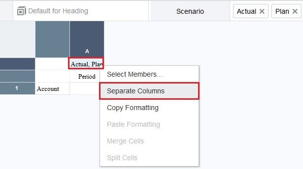 Actual,Plan cell with the Separate Columns menu option selected Actual,Plan cell with the Separate Columns menu option selected