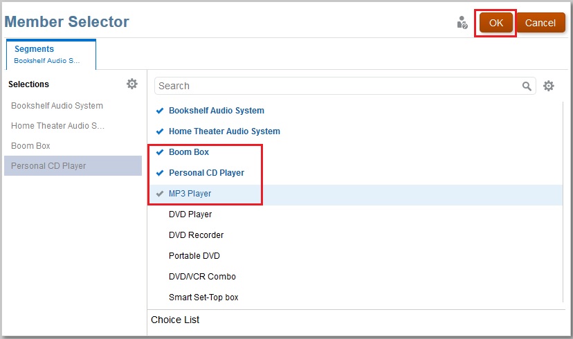 Member Selector with the first five options selected Member Selector with the first five options selected