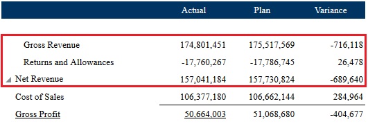 Net Revenue zoomed in showing Gross Revenue and Returns and Allowances