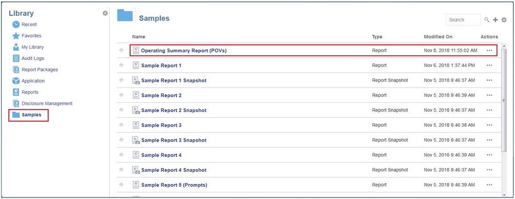 Library Samples folder showing the Operating Summary Report (POVs) selected