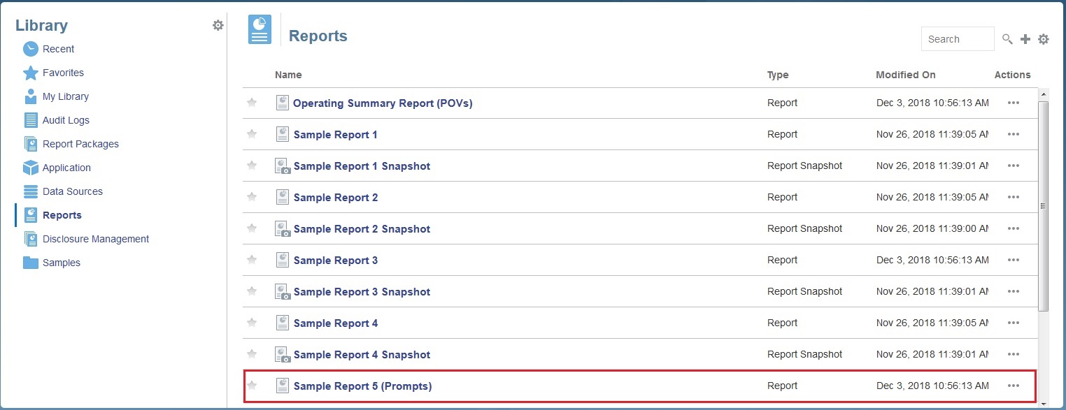 Library Samples folder showing Sample Report 5 (Prompts) selected Library Samples folder showing Sample Report 5 (Prompts) selected