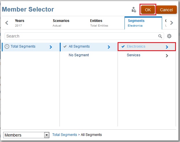 Member Selector dialog box with Electronics selected for the Segments POV