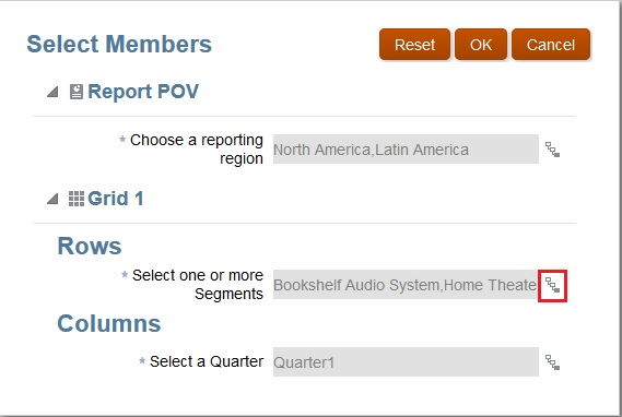 Select Members dialog box with the Member Selector icon for Rows selected Select Members dialog box with the Member Selector icon for Rows selected