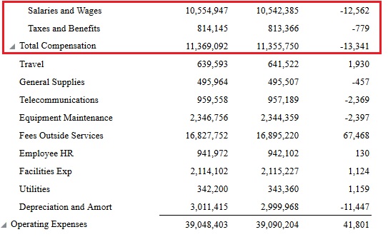 Total Compensation zoomed in showing Salaries and Wages and Taxes and Benefits