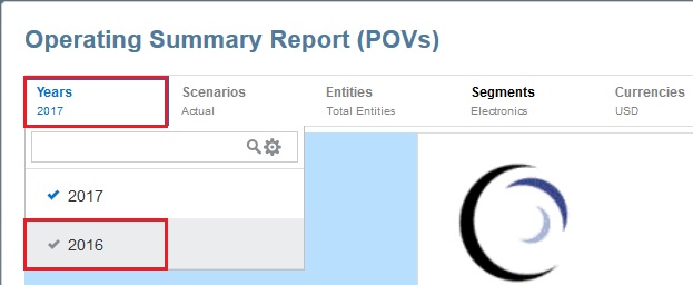 Years POV with 2016 selected