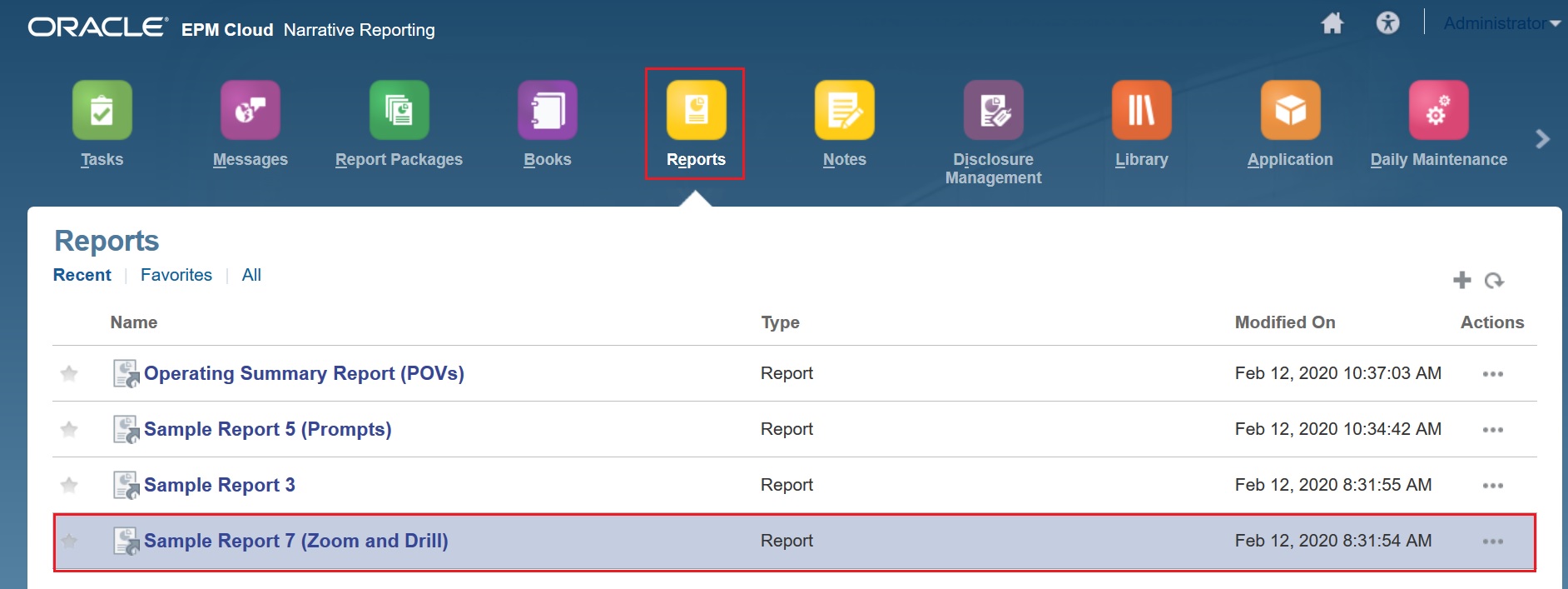 Library Reports folder showing Sample Report 7 (Zoom and Drill) selected