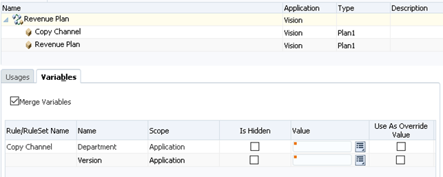 Calculation Manager dialog box showing example ruleset when variables are merged and not hidden