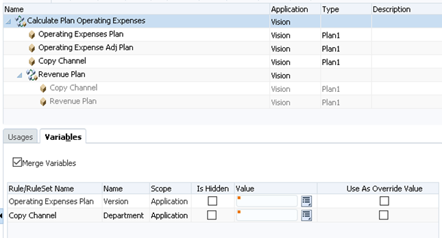 Calculation Manager dialog box showing example of nested ruleset with variables merged and not hidden