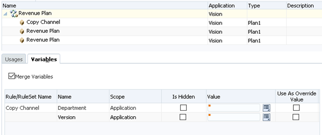 Calculation Manager dialog box showing example ruleset with variables that are merged and not hidden