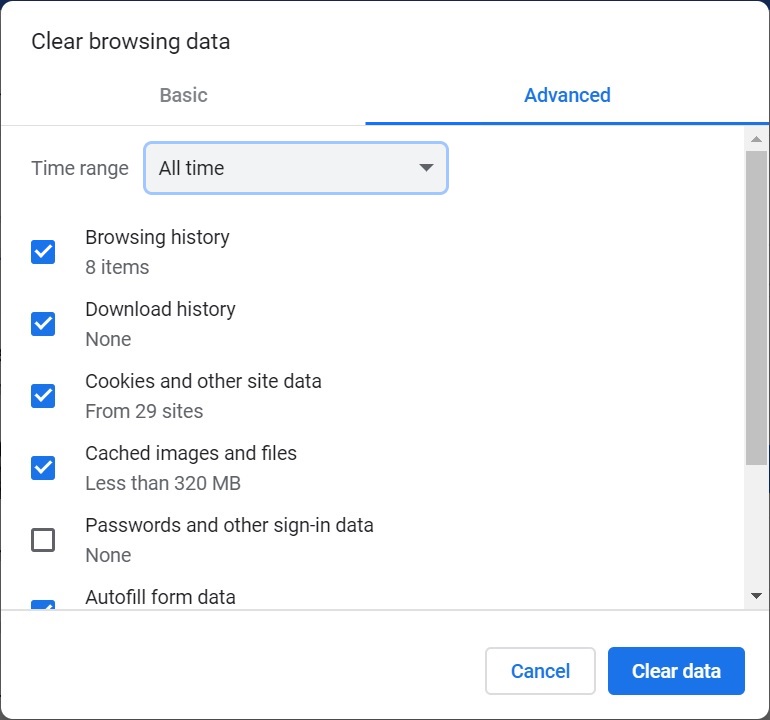 Clear Browsing Data dialog box. Advanced tab is selected. In the Time Range drop-down list, All Time is selection. All check boxes are selected, except Passwords and other sign-in data, which is cleared