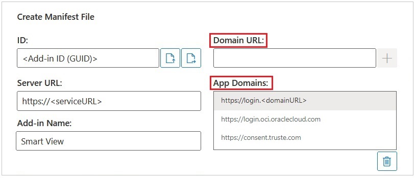 Highlights the Domain URL and App Domains fields on the Create Manifest page. Highlights the Domain URL and App Domains fields on the Create Manifest page.