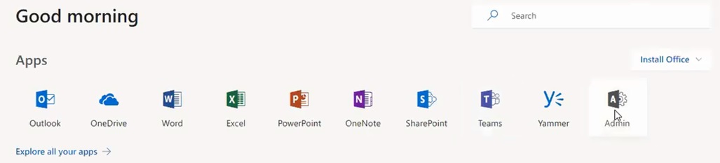 Office 365 interface showing the Admin menu link