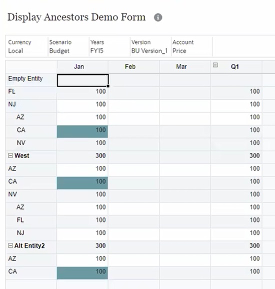 Web ad hoc grid showing a hierarchy structure that includes shared members