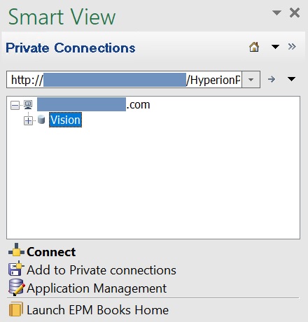 The Smart View Panel when connected to Planning, Planning Modules, Financial Consolidation and Close, or Tax Reporting; the Launch EPM Books Home command appears in the Action Panel at the bottom of the Smart View Panel