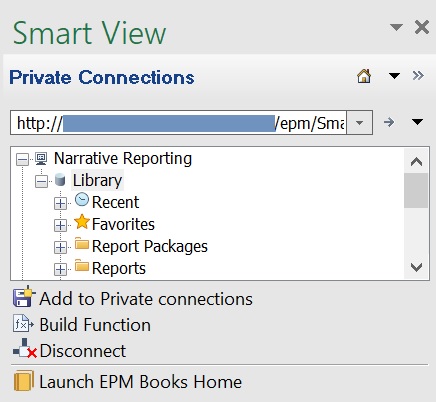 The Smart View Panel when connected to Narrative Reporting; the Launch EPM Books Home command appears in the Action Panel at the bottom of the Smart View Panel