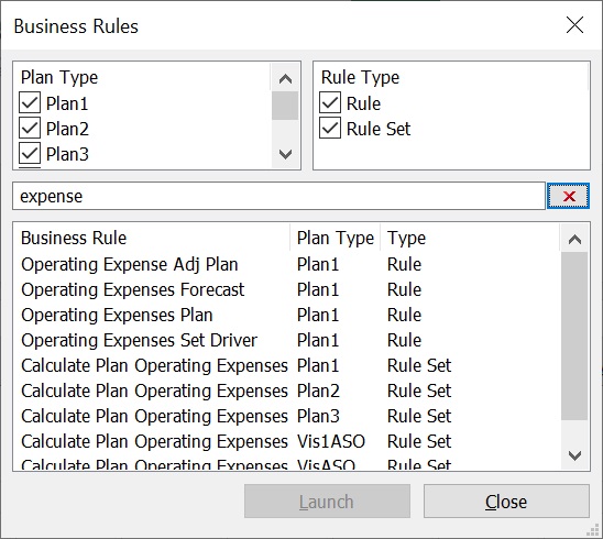 Business Rules dialog showing the Search field