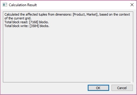 The Calculation Results dialog after running the tuple calculation on all Product and Market tuples. The Total block read is 7168 blocks; the total block write is 3584 blocks.