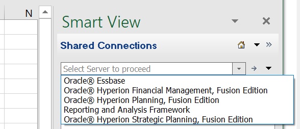 Example of a shared connection to EPM Workspace. The drop-down menu shows several EPM System applications, such as Financial Management and Strategic Planning, to which you can connect