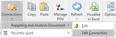 From the Smart View ribbon, Connections button, shows the drop-down menu with the Reporting and Analysis Document option expanded to show the Edit Connections option selected.