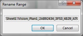 NEED NEW GRAPHIC EXAMPLE! The Rename Range dialog box showing the range name that was auto-generated by Excel.