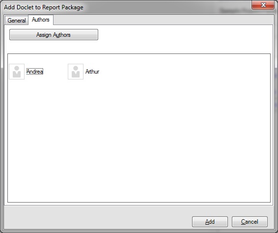 Add Doclet to Report Package dialog, Authors tab now showing the authors assigned to the doclet