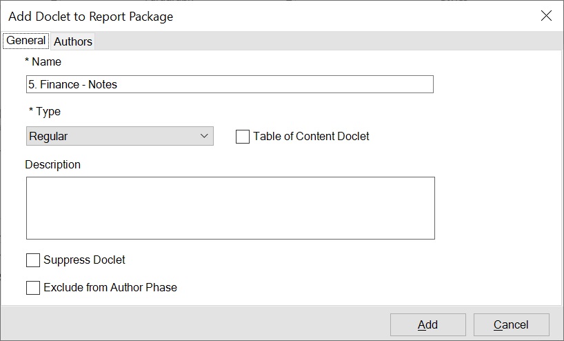 Add Doclet to Report Package dialog box.