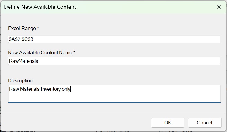 The Define New Available Content dialog box