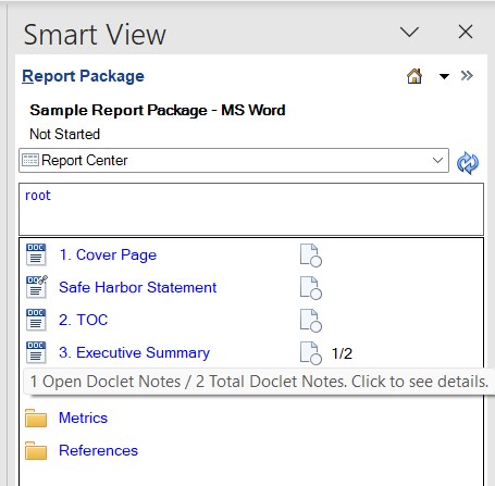 Report Center displaying the number of open and total doclet notes.