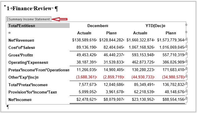 Embedded content selected in a Word doclet, the embedded content title, Summary Income Statement, is displayed