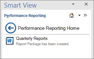 Narrative Reporting Home displaying a link to the newly-created report package. You can also click the left arrow to return to the main Narrative Reporting Home.