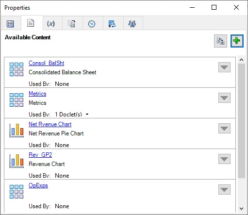The Properties dialog box with the Available Content tab selected; the dialog shows that OpExps has been added to the list of available content