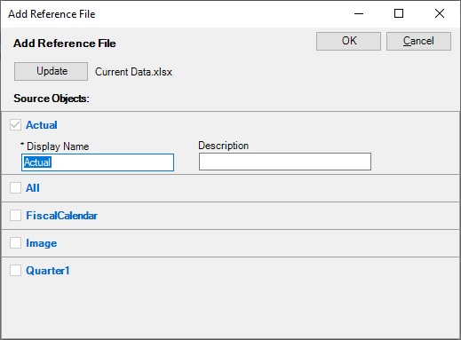 The Add Reference File dialog box, showing the available range selected to register with the doclet, with the range named Actual selected