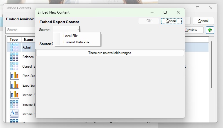 The Embed New Content dialog box, showing the drop-down menu in the Source field, where you select Local File the first time you add a reference file to a doclet or select a reference file that is already in the list