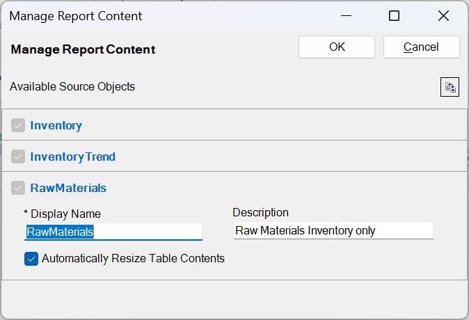 Manage Report Content dialog for reference files, with editable fields for Display Name and Description, and a check box for the Automatically Resize Table Contents setting.