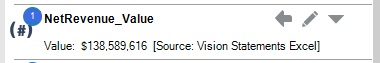 Entry for NetRevenue_Value reference variable in the Variables list, showing the Source as Vision Statements