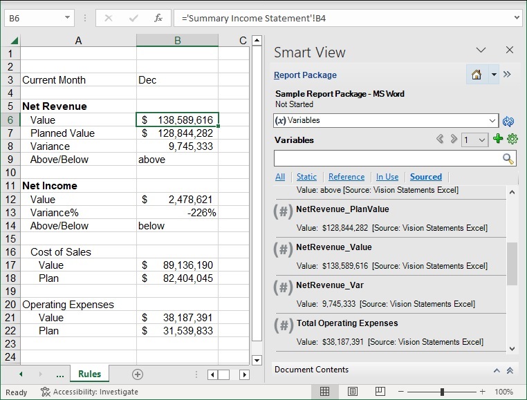 The Rules tab in the Vision Statements reference doclet, with cell B6 highlighted with a green border, showing the source of the reference variable to be cell B4 on the Summary Income Statement sheet of the Excel reference doclet
