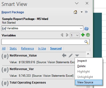 In the Sourced tab of the Report Package panel, the View Source option is displayed under the More Actions drop-down.
