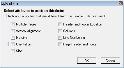 The Upload File dialog box, where users select doclet attributes to override attributes from the sample style document.