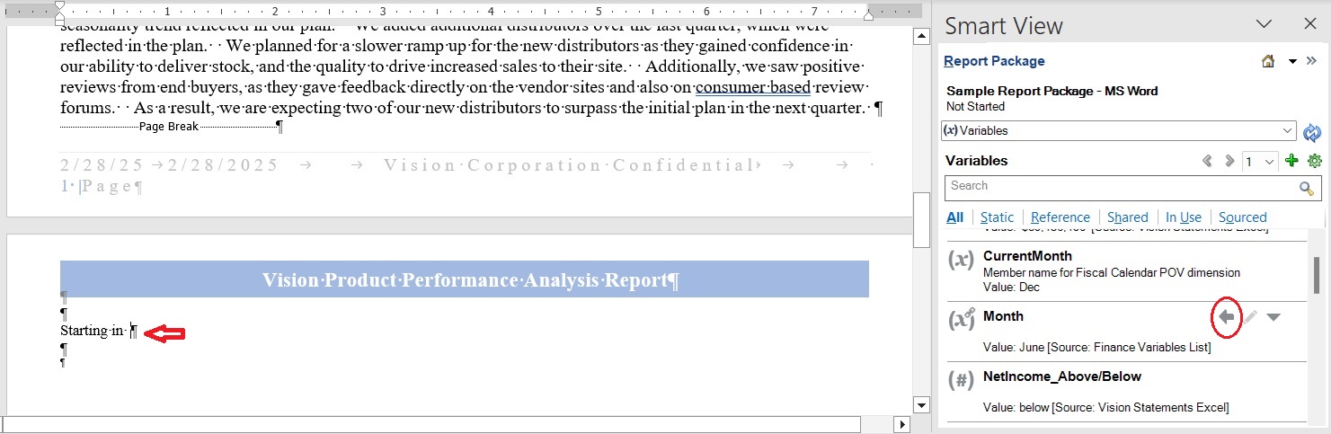 Shows a Word doclet with the variable insertion point highlighted. The Insert button is circled for emphasis.