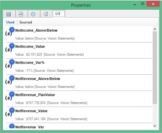 Example of a the Variables tab in a doclet. Contains a list of all variables used in the doclet.