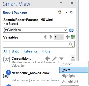 The Options menu for the selected variable, where you can select the Delete option.