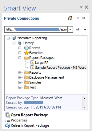 The Smart View Panel in Word upon initially connecting to Narrative Reporting, shows the default folders: Recent, Favorites, My Library, Report Packages, and Application. Report Package is expanded and contains the Sample Report Package - MS Word report package.