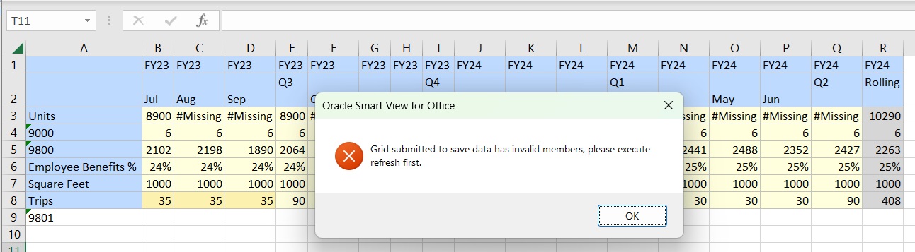 Shows the message that displays when selecting the Submit Data Without Refresh option. Message states Grid submitted to save data has invalid members, please execute refresh first. Shows the message that displays when selecting the Submit Data Without Refresh option. Message states Grid submitted to save data has invalid members, please execute refresh first.