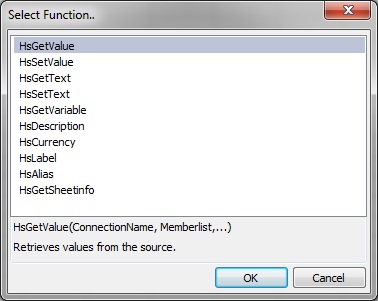 The Function Builder, Select Function dialog box, with HsGetValue, selected as described in this section