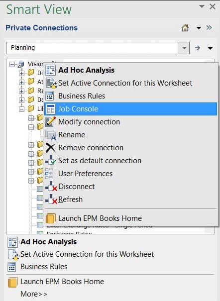 The context menu when right-clicking the application name, showing the Job Console menu item. Also shows the More option in the Action Panel at the bottom of the Smart View Panel.