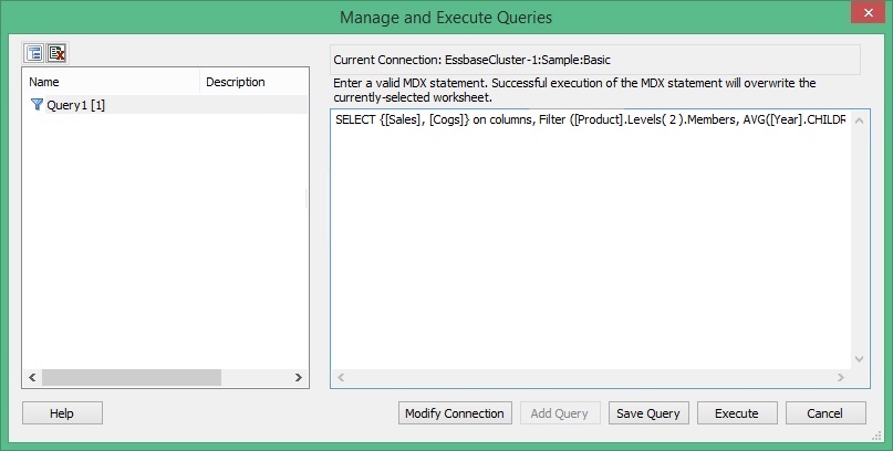 Manage and Execute Queries dialog box. In the left text box, the first query in the list is selected by default. In the right text box, the query syntax associated with the selected query is displayed.