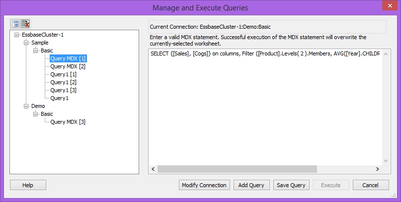 The Manage and Execute Queries dialog box with queries listed in tree format by application and database