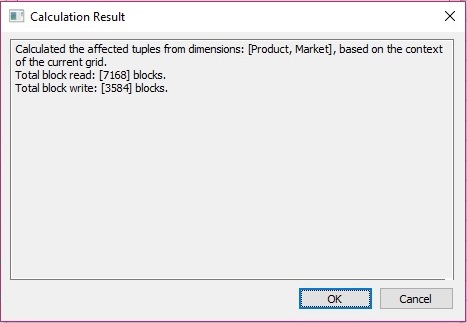 The Calculation Results dialog after running the tuple calculation on all Product and Market tuples. The Total block read is 7168 blocks; the total block write is 3584 blocks. The Calculation Results dialog after running the tuple calculation on all Product and Market tuples. The Total block read is 7168 blocks; the total block write is 3584 blocks.
