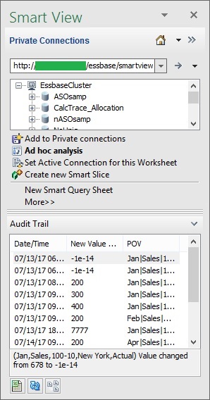 Audit Trail pane displayed in the bottom of the Smart View Panel. It shows a list of activity entries, with the column headings Date/Time, New Value, and POV. The first item in the list is selected. The bottom of the pane gives a narrative description of the selected activity, including the POV and the result of the action. Audit Trail pane displayed in the bottom of the Smart View Panel. It shows a list of activity entries, with the column headings Date/Time, New Value, and POV. The first item in the list is selected. The bottom of the pane gives a narrative description of the selected activity, including the POV and the result of the action.