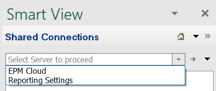 Example of a shared connection to a single EPM Cloud data source. You can choose to connect to either EPM Cloud or Reporting Settings Example of a shared connection to a single EPM Cloud data source. You can choose to connect to either EPM Cloud or Reporting Settings